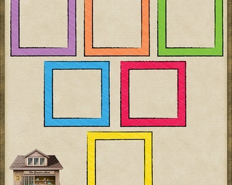 6 Bright Doodle Sketch Square Frames *Instant Download*
