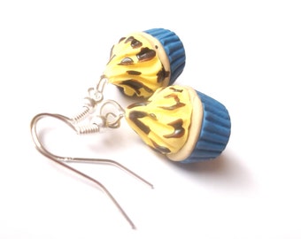 Cupcake Earrings Miniature Food ( polymer clay yellow cupcake blue cupcake chocolate earrings kids earrings kawaii cute for her cupcakes )