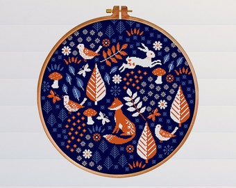Scandi Forest Blues | PDF Cross Stitch Chart / Pattern | Fox - Rabbit - Flowers - Birds - woodland