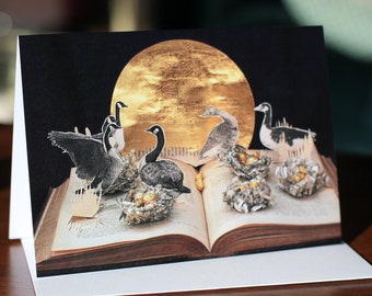 Six Geese a Laying card from an altered book sculpture
