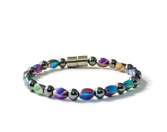 Magnetic Bracelet, Black High Power and Rainbow Hematite, Jewelry for Pain