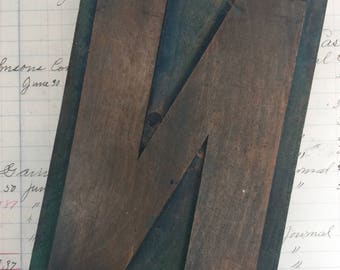 Wood letterpress Letter N - 6" tall - Antique WOODEN Letterpress Printing block- wood number