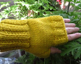Yellow Texting Mittens, Handmade Wrist Warmers, Knitted Fingerless Gloves, Gold