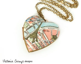 Paris Eiffel Tower Map Necklace, Large Vintage Heart Locket, France, Paris Necklace, Antique Map Jewelry