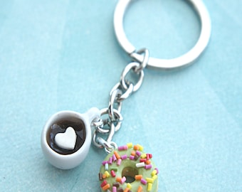 donut and coffee keychain- donut charm, coffee charm, doughnut keychain