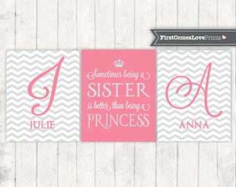 Pink and Gray Girls Wall Art Prints or Canvas Chevron Bedroom Art Sister Princess Quote Sister Names Chevron Quote Twin Girl Bedroom Decor