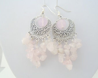 Large Rose Quartz Earrings, Rose Quartz Earrings, Rose Quartz Statement Earrings, Pink Gemstone Earrings, Rose Quartz Chandelier Earrings