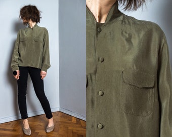 Khaki silky shirt | vintage oversize blouse | cupro | green blouse | hipster blouse | spring blouse | women blouse | button up | button down