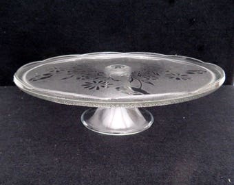 Large Vintage glass cake stand Dessert pedestal platter pressed glass embossed pattern cupcake platter, cupcake stand dia 12.5 in / 31.6 cm