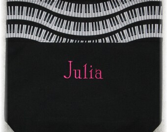 Children's piano music lesson book tote bag personalized black canvas wavy keyboard musician kids birthday recital teacher gift idea