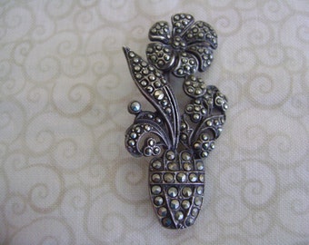 Sterling Silver Marcasite 1950's Flower with Pot Brooch