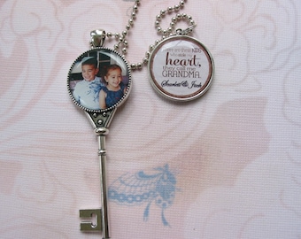 Personalized photo keepsake necklace with a key pendant and double sided pendant