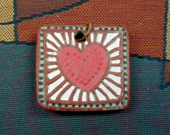 Handmade Ceramic Red Earthenware Clay, One of a Kind, Terra Sigillata, Hand Colored Heart Pendant, Geometric Pattern Back, Jewelry Component