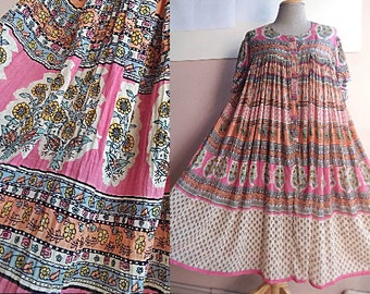 Plus Size 90s Indian Cotton Gauze Tent Dress Festival Dress - Paisley Block Print Boho Gypsy Summer Dress Maternity Dress - Free Shipping