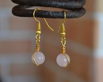 Rose quartz earrings, Quartz gold plated earrings, Quartz earrings, Rose quartz drop earrings, Gold earrings rose quartz, Rose earrings.