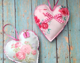 Valentine Vintage Hearts / Vintage Fabric Hanging Hearts / set of 2 Hearts / Fabric Hearts / Floral Pattern Fabric Hanging Hearts - Ornament