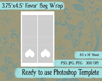 Party Favor Bag Candy Bag Wrap Digital Collage Photoshop Template, 3 3/4" x 4 1/2", Heart Window