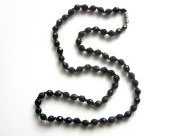 Antique Faceted French Jet Necklace Mourning Jewelry Black Glass Beads Individually Hand Knotted 26 Inches