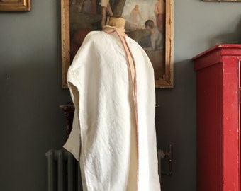 Antique French cream cotton linen metis housecoat dressing gown initials AC size M L