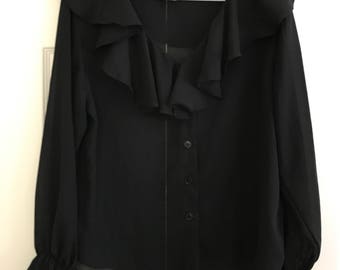 Vintage orare black blouse with ruffle / Shirt / Blouse / vintage sz 13 / sz medium