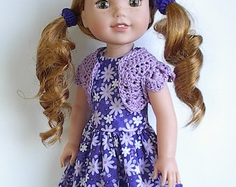 14.5" Doll Clothes Sleeveless Cotton Dress and Crocheted Bolero Shrug Handmade to fit Wellie Wishers Dolls - Purple with Lavender Flowers