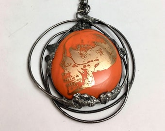 Orange Fused Skull | Gold Skull | Stained Glass Pendant | Eclectic Jewelry