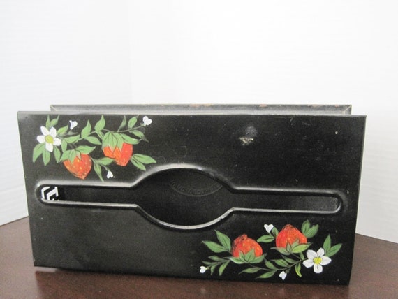 Black Tissue Holder, Strawberry Painted, Toleware Decor, Plymouth Signed - Black Enamel - Home Decor