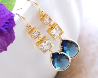 Wedding Jewelry, Cubic Zirconia and Navy Blue, CZ and Montana Blue Earrings,Gold, Bridesmaids Jewelry,Wedding Gifts , Gifts,Drop,Dangle,Long