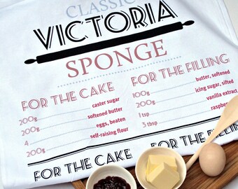 Classic Victoria Sponge Cake Recipe Tea Towel Birthday Gift, 100% Cotton, UK Made, Free Delivery