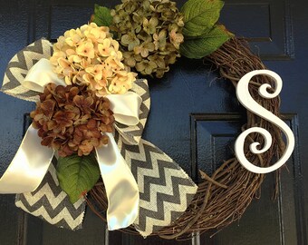 Spring/summer monogram wreath, hydrangea wreath, summer wreaths, personalized wreath, door wreath