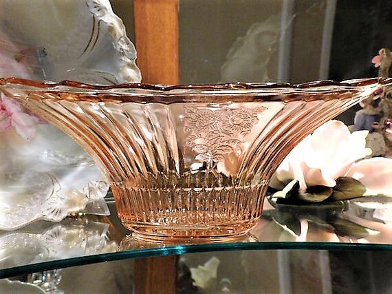 Pink Depression Glass Bowl / MAYFAIR / Open Rose / Large Centerpiece 12" Dish