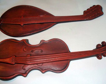 2 Vintage Royal Cast Aluminum Violin, Mandolin, Musical Instrument Wall Plaques