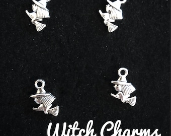 4 Witch charms antique silver tone, witch riding broom