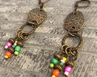 Bohemian Earrings, Bronze earrings, Multi Color Earrings, Dangle Earrings, Boho Jewelry, Ethnic earrings, Hippie earrings, Gift for her
