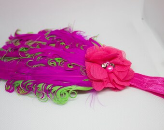 Pink & green feather headband