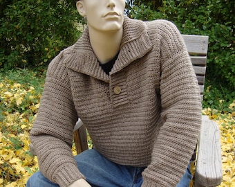 Men's Sweater, Men's Wool Sweater, Wool Sweater Men, Men's Crochet Sweater, Tan Sweater, Optional Funnel Neck, Available in M/L and XL