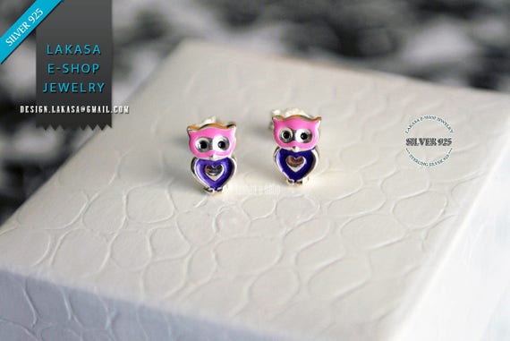 Heart Owl Enamel Jewelry Stud Earrings Sterling Silver Girl School Kids Moda Color Purple Pink Gift idea Woman Girlfriend Birthday Party Fun