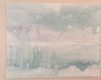Purple Blue Watercolor Abstract Mountain scene Painting