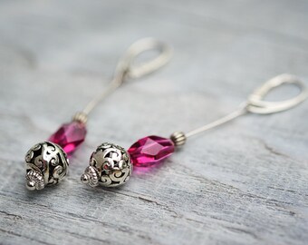 Long Pink Crystal Earrings, Pink Dangle Earrings, Swarovski Jewelry, OOAK Earrings, Leverback Earrings, Summer Style Earrings