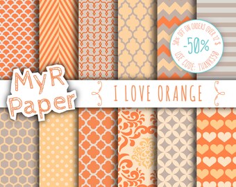 Orange digital paper: "I LOVE ORANGE" pack of backgrounds and patterns with chevron, polka dots, stripes, dots, damask, quatrefoil, hearts