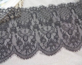 8.6" Black Eyelash Lace Trim Chantilly Style Lace Scalloped Edging Trim Lace 3 Yards