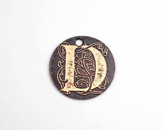 Small copper D charm, flat round handmade etched metal letter jewelry supply, 22mm