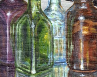 Original Acrylic Painting, Small Still Life Painting of Bottles on Canvas, Colored Vintage Bottle Collection