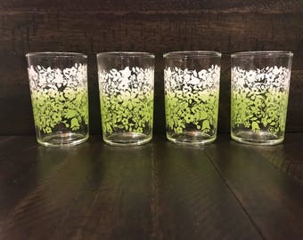 Vintage Set of 4 Federal Glass Co | Juice Glasses | Green and White Floral | Marked