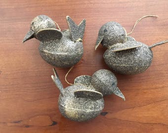 Three Gold Glitter Cardboard Mica Christmas Ornament Birds Japan