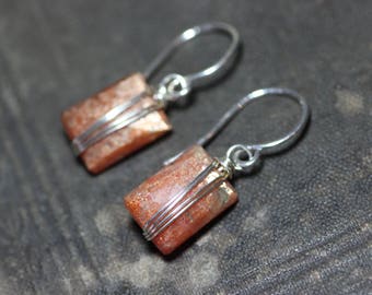 Sunstone Earrings Silver Wire Wrapped Gemstone Earrings Sterling Silver