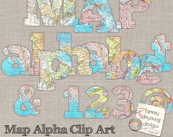 Map Letters Clip Art, World Map Digital Alphabet Letters numbers ClipArt for travel decor, map party, weddings, graduation scrapbooks cards
