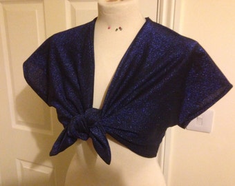 Blue lurex tie front top - medium