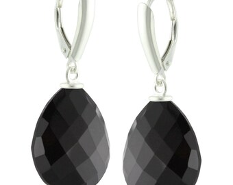 925 Sterling Silver Natural AAA Faceted Pear Black Spinel Leverback Earrings