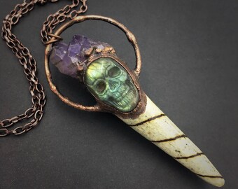 Electroformed Antler | Bone Necklace | Amethyst Cluster | Labradorite Skull